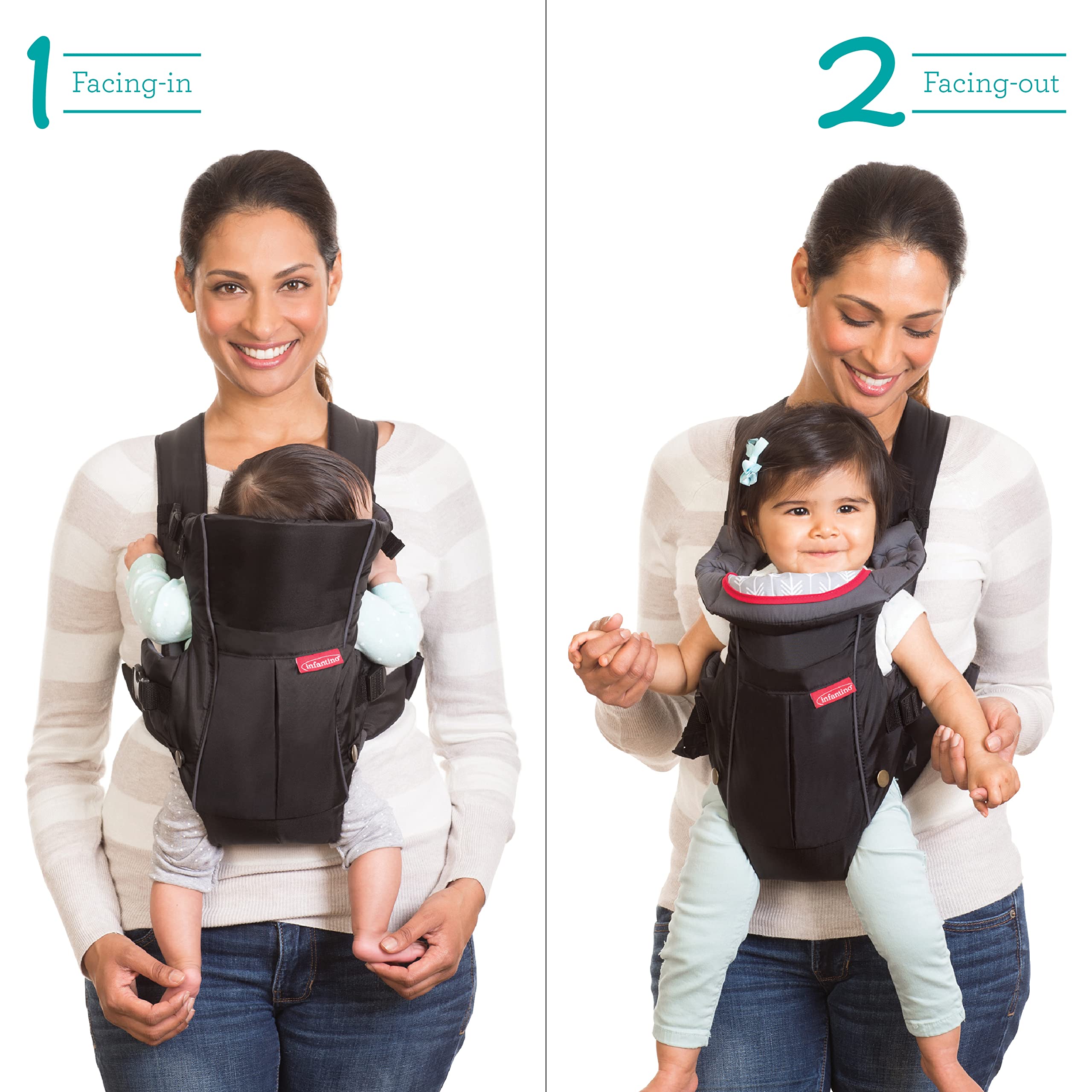 Infantino Swift Classic Carrier with Pocket - 2 Ways to Carry Black Carrier with Wonder Bib & Essentials Storage Front Pocket, Adjustable Back Strap, 1-Piece