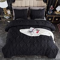 Andency Black King Size Comforter Set, 3 Pieces Boho Lightweight Pinch Pleat Comforter, Pintuck Solid Bedding Set & Collections, All Season Fluffy Microfiber Bed Set(104x90In Comforter)