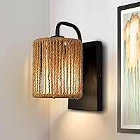 Rattan Wall Sconce, Boho Wall Light Fixtures with Hemp Rope Rustic Wall Lights for Bedroom Bathroom Hallway Entryway Sconces Wall Lighting Bohemian Modern Wall Sconce Woven Wall Sconce E26 10In