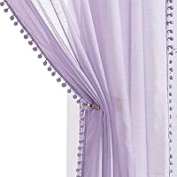 Treatmentex Pom-Pom Sheer Curtains for Girl's Bedroom 84 inches Long Voile Curtain Panels Rod Pocket Lilac 52