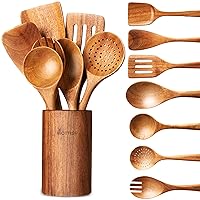 Wooden Spoons for Cooking - 8-Piece Wooden Kitchen Utensil Set made of Natural Solid Wood Material - Includes Spoons, Spatulas, Ladles, Strainer Spoon, Salad Fork, Mixing Spoon and Utensil Holder