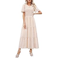 Maggeer Womens 2024 Summer Spring Smocked Wedding Guest Maxi Dress Casual Short Sleeve Floral Boho Flowy Long Dress