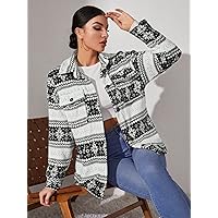 Women's Casual Jacket Fashion Beauty Geo & Chevron Print Drop Shoulder Flannel Coat Unique Comfortable Charming Lovely (Color : Black and White, Size : Large)