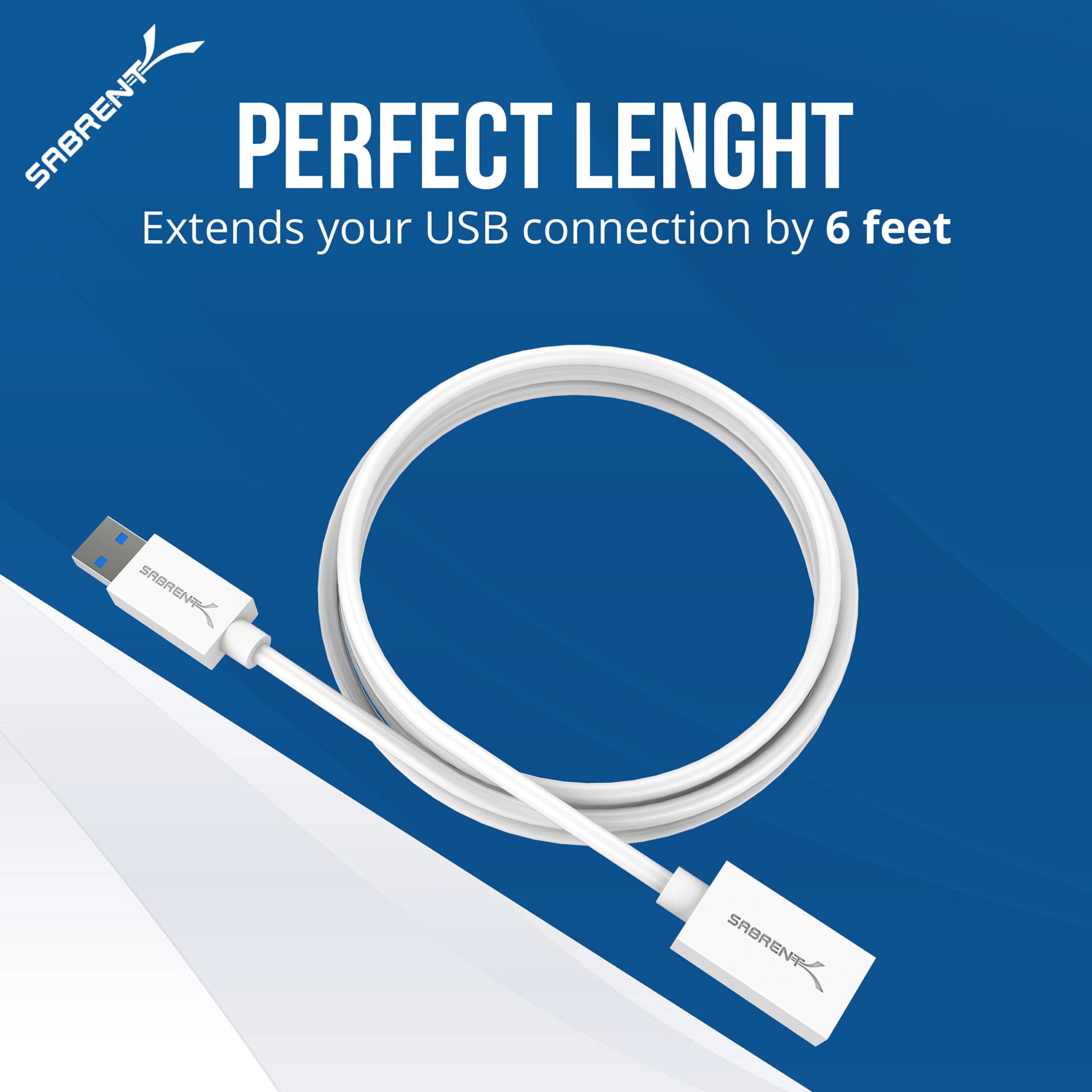 SABRENT 22AWG USB 3.0 Extension Cable A Male to A Female [White] 6 Feet (CB-306W)