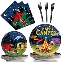 gisgfim 96 Pcs Camping Party Supplies Paper Plates Napkins Happy Camper Birthday Decorations Camping Adventure Party Tableware Set for Boys Baby Shower Serves 24
