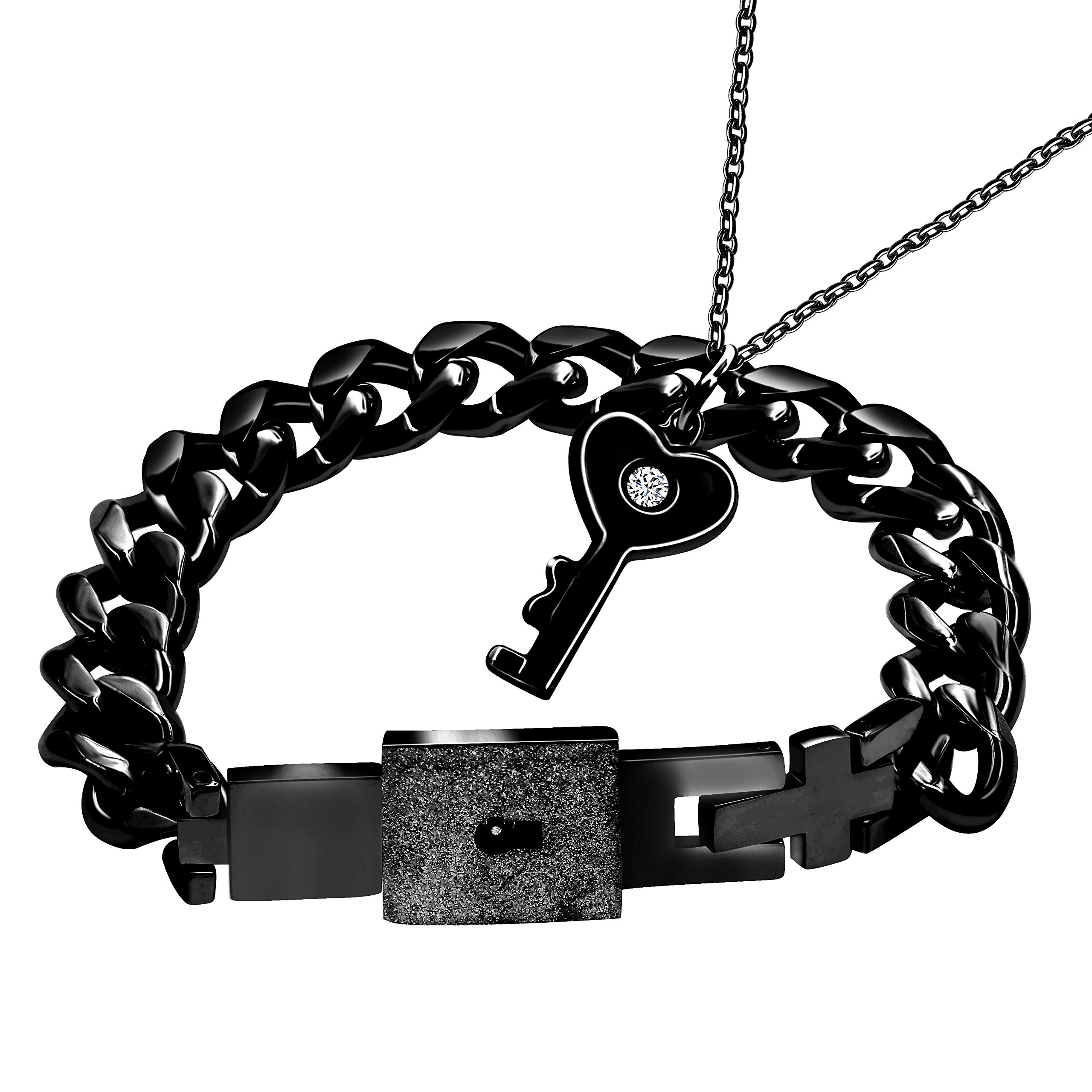 Uloveido Titanium Steel Key Pendant Necklace and Square Lock Bangle Bracelet Set for Couples Valetines Gifts