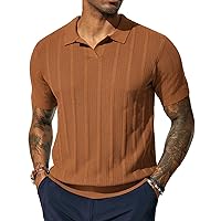 Mens Polo Shirts Textured Knit V-Neck Golf Polo Shirts