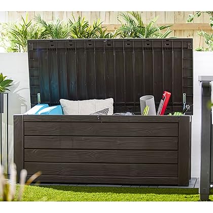 Keter Westwood 150 Gallon Plastic Backyard Outdoor Storage Deck Box for Patio Decor, Furniture Cushions, Garden Tools, & Pool Accessories, Espresso