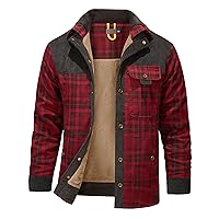 Flygo Men's Outdoor Casual Fleece Sherpa Lined Flannel Plaid Button Down Shirt Jacket(Red-XL)