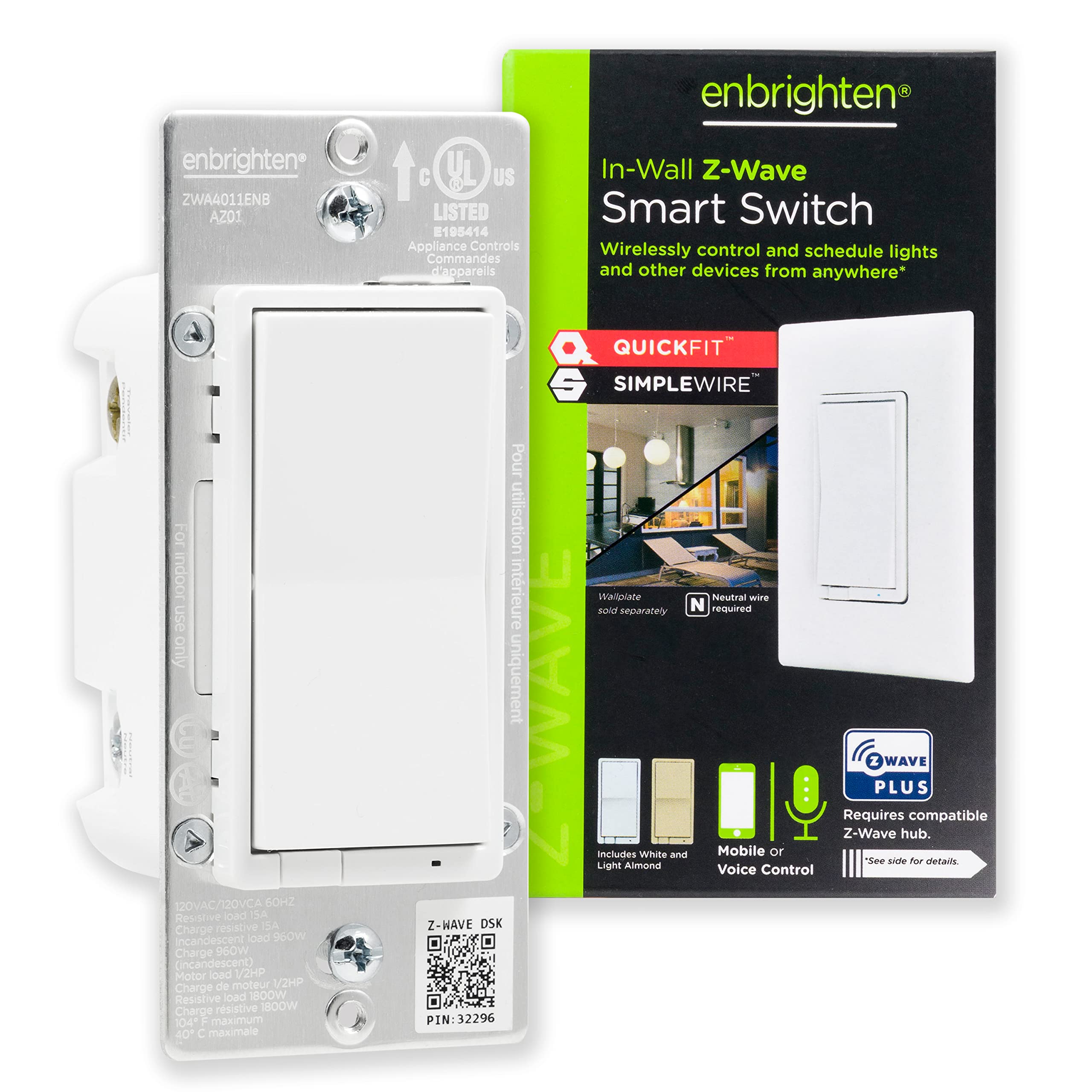 Enbrighten Z-Wave in-Wall Smart Light Switch with QuickFit™ and SimpleWire™, White and Almond Paddles, Works with Google Assistant, Alexa, & SmartThings, Z-Wave Hub Required, Smart Home, 58433