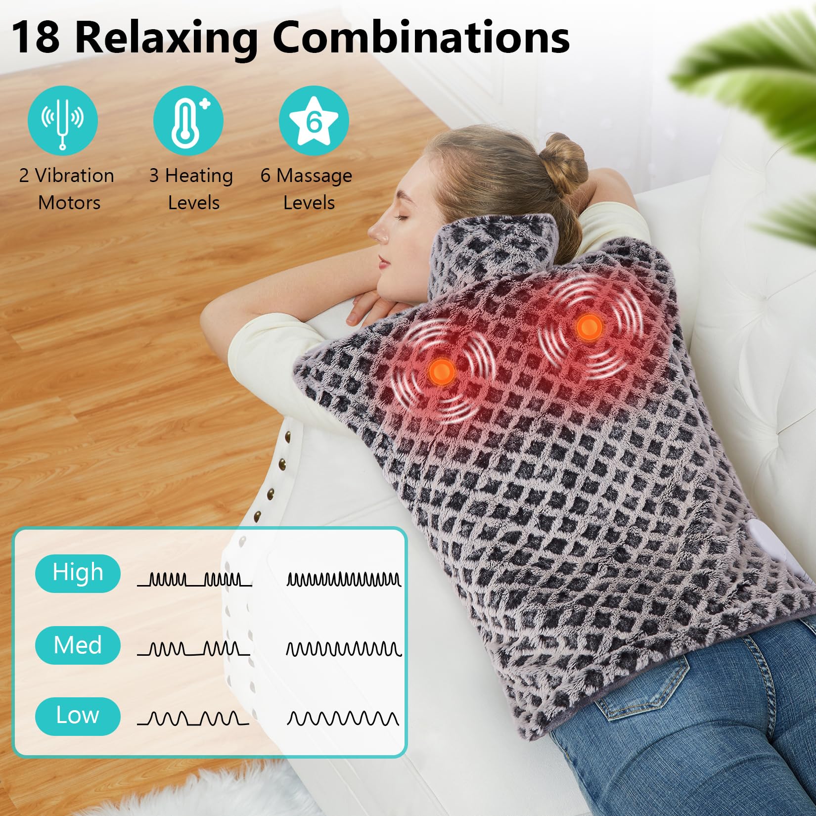 CAROMIO Massaging Heating Pad for Back Pain Relief, Neck and Shoulders Electric Heating Pads Large Size, Full Body Back Heat Pad with Auto Shut Off, 3 Heating Levels & 3 Massage Modes (Grey, 35