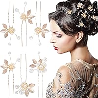6 Pack Pearl Bridal Wedding Hair Styling Pins, Leaves Style Bride Head Piece, U Shape Rhinestone Flower Hair Accessories for Women & Girls Wedding Hairstyles- Gold