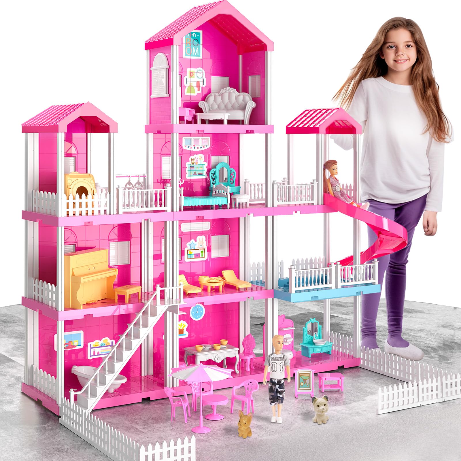 TEMI Dream House Doll House with 2 Doll Toy Figures, 4-Story 10 Rooms Dollhouse with Accessories and Furniture, Toddler Playhouse Gift for Kids Ages 3 Toys for 3 4 5 6 Year Old Girls