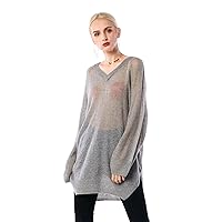 Women's Heart Neck V Neck Long Sleeve See-Through Pullover Sweater Casual Tops with Side Slit