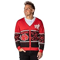 Naruto Shippuden Men's Akatsuki Red Cloud Ugly Christmas Sweater Button-Up Knit Cardigan