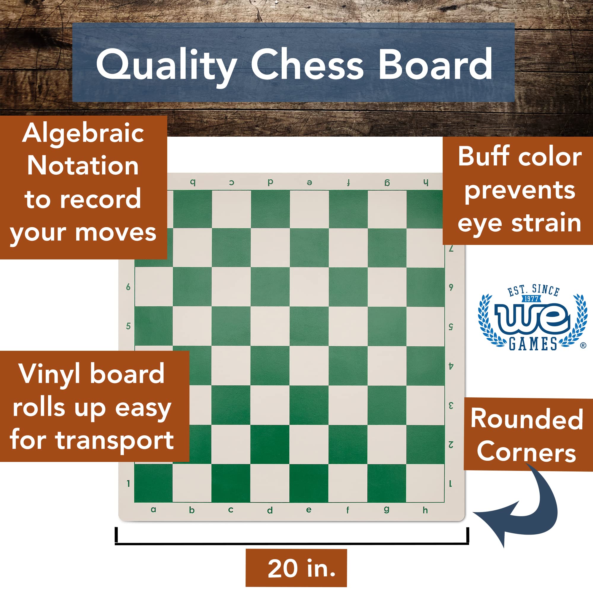 WE Games Best Value Tournament Chess Set - Staunton Chess Pieces and Green Roll-Up Vinyl Chess Board
