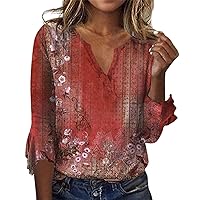 Fall Tops for Women Women's Top Loose Casual V-Neck Printed Blouses Bell 3/4 Sleeve T-Shirt