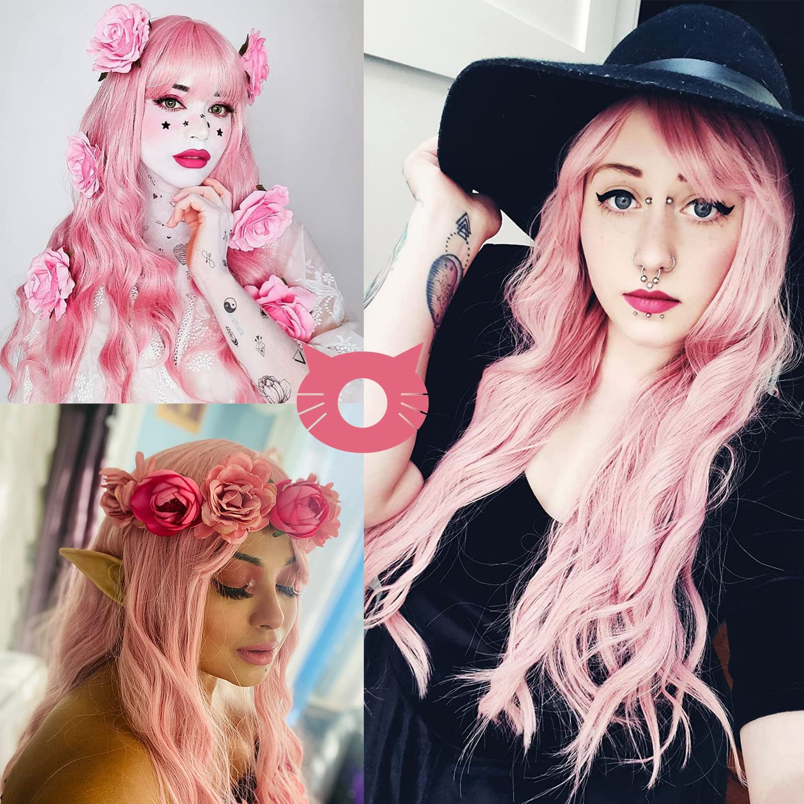 Netgo Women's Pink Wig Long Fluffy Curly Wavy Hair Wigs for Girl Heat Friendly Synthetic Cosplay Party Wigs