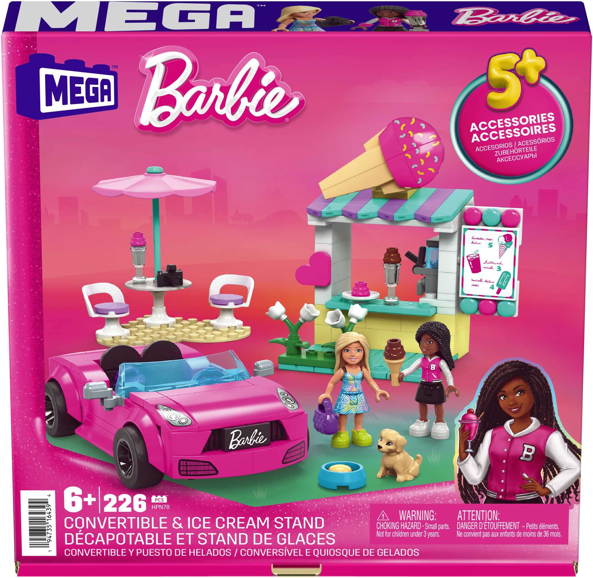 Barbie MEGA Barbie Car Building Toys Playset, Convertible & Ice Cream Stand With 225 Pieces, 2 Micro-Dolls and Accessories, Pink, Gift Ideas For Kids
