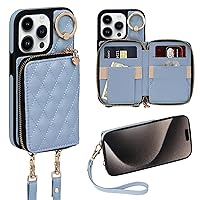 Keallce Case for iPhone 14 Pro 6.1'' Wallet Case, Crossbody Zipper Purse with Handbag Wristlet for Women, RFID Blocking Card Holders, 360° Ring Kickstand Flip Leather Cover for iPhone 14 Pro 5G, Blue