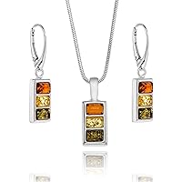 Copal Ladies Amber Jewelery set Sterling Silver 925 Pendant 3 Stones Multicoloured Length Adjustable Confectionery Gifts Best Friend Christmas