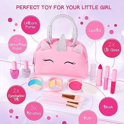 Kids Real Makeup Kit for Little Girls: with Pink Unicorn Bag - Real, Non Toxic, Washable Make Up Toy - Gift for Toddler Young Children Pretend Play Set Vanity for Ages 3 4 5 6 7 8 9 10 Years Old
