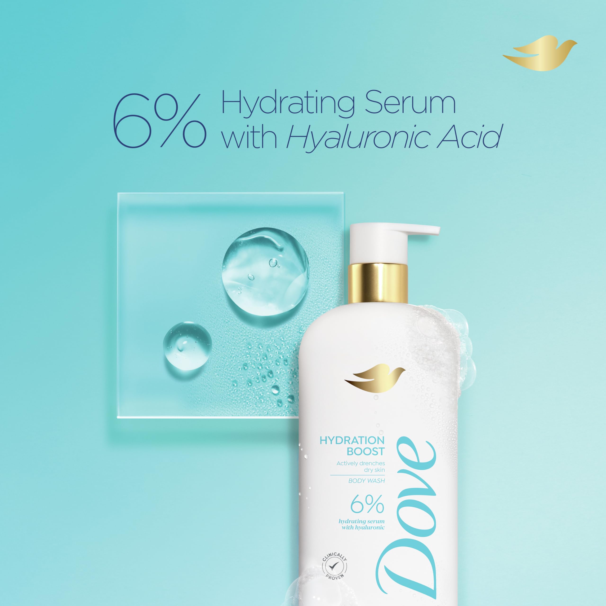 Dove Body Wash Hydration Boost Actively drenches dry skin 6% hydration serum with hyaluronic 18.5 oz