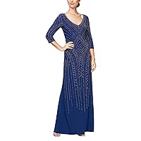 Alex Evenings Women's Long Beaded Fit and Flare Dress with 3/4 Sleeve
