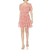 Women's Sleeve Squre Neck Button Front Floral Print Short Chiffon Dress with Smocking