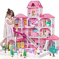TEMI Dream House Doll House 7-8 for Girls - 4-Story 12 Rooms Playhouse 4-5 Year Old w/ 2 Dolls, Dollhouse Furniture Accessories, Pretend Cottage Toy House, Toddler for Kids Ages 3 4 5 6 7