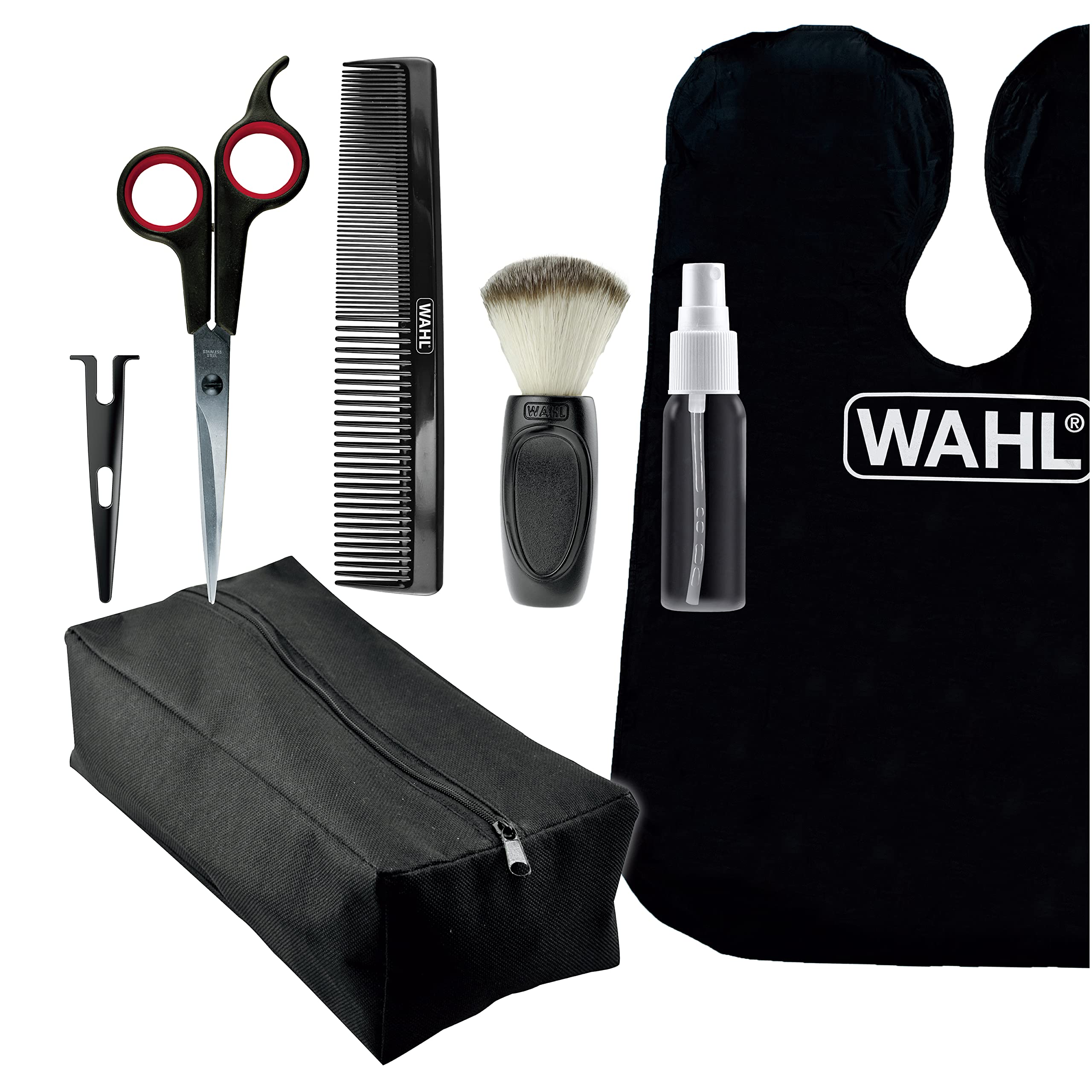 Wahl Home Haircutting Kit Essentials Featuring Barbers Haircutting Cape, Styling Comb, Scissors with Blade Guard, Neck Duster, Spray Bottle, & Soft Pouch Case – Model 03599