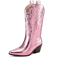 Dsevht Mid Calf Cowboy Boots for Women Round Pointed Toe Cowgirl Boots Block Chunky Heel Western Boots