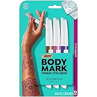 BIC BodyMark Temporary Tattoo Marker with Fine Tip, Mandala, Assorted Colors, Pack of 3 Markers + 2 Stencils