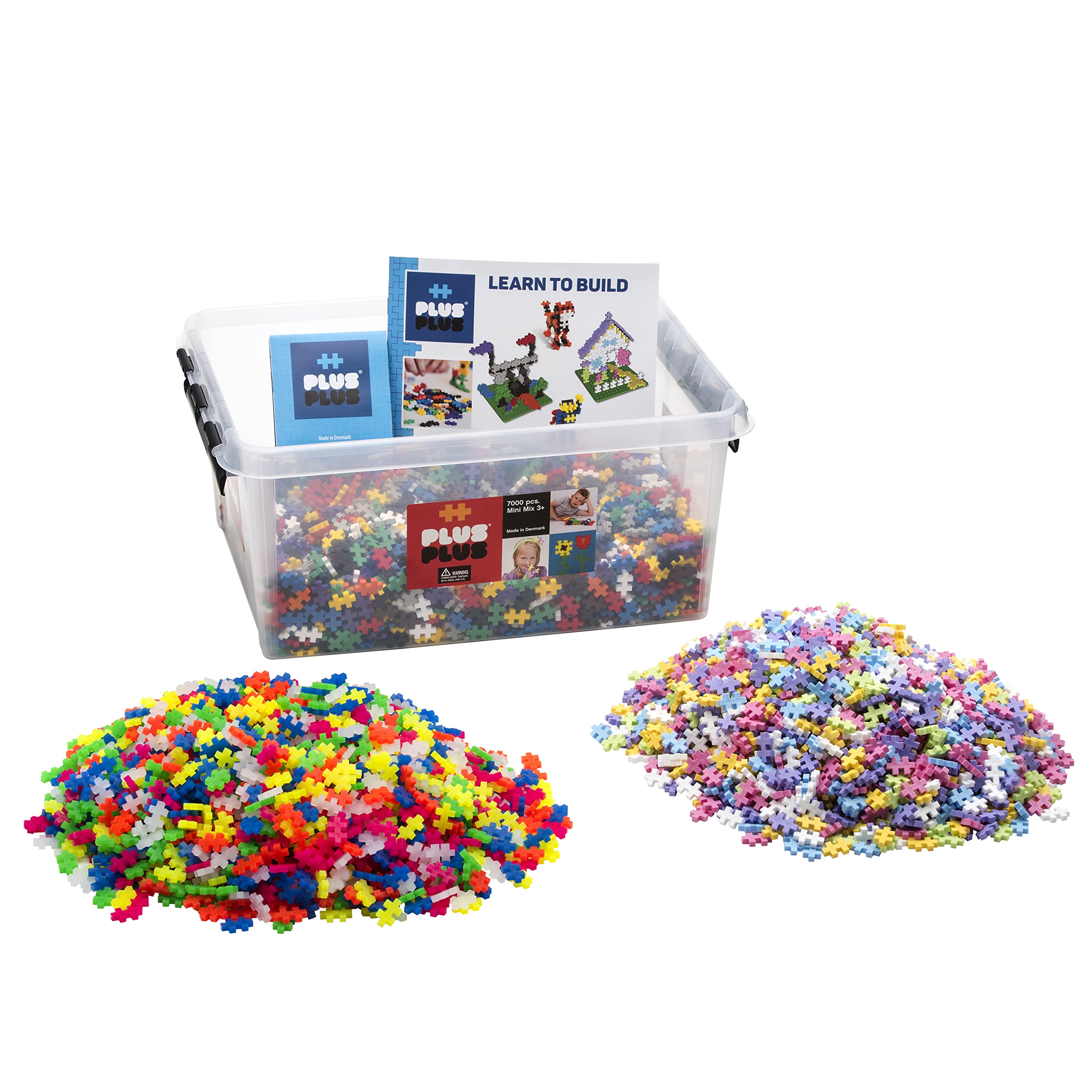 PLUS PLUS - Open Play Set - 7,000 Piece in Storage Tub - Basic, Neon, & Pastel Color Mix - Construction Building Stem Toy, Interlocking Mini Puzzle Blocks for Kids
