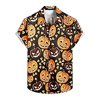 VATPAVE Mens Halloween Pumpkins Button Down Short Sleeve Shirts Casual Skull Shirt