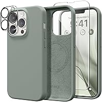 GONEZ Magnetic for iPhone 13 Pro Case, Compatible with MagSafe, [Screen Protector + Camera Protection], Shockproof Liquid Silicone Slim Phone Case 6.1″, Soft Anti-Scratch Microfiber Lining,Calke Green