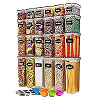 24 Pack Airtight Food Storage Container Set - BPA Free Clear Plastic Kitchen and Pantry Organization Canisters with Durable Lids for Cereal, Dry Food Flour & Sugar - Labels, Marker & Spoon Set