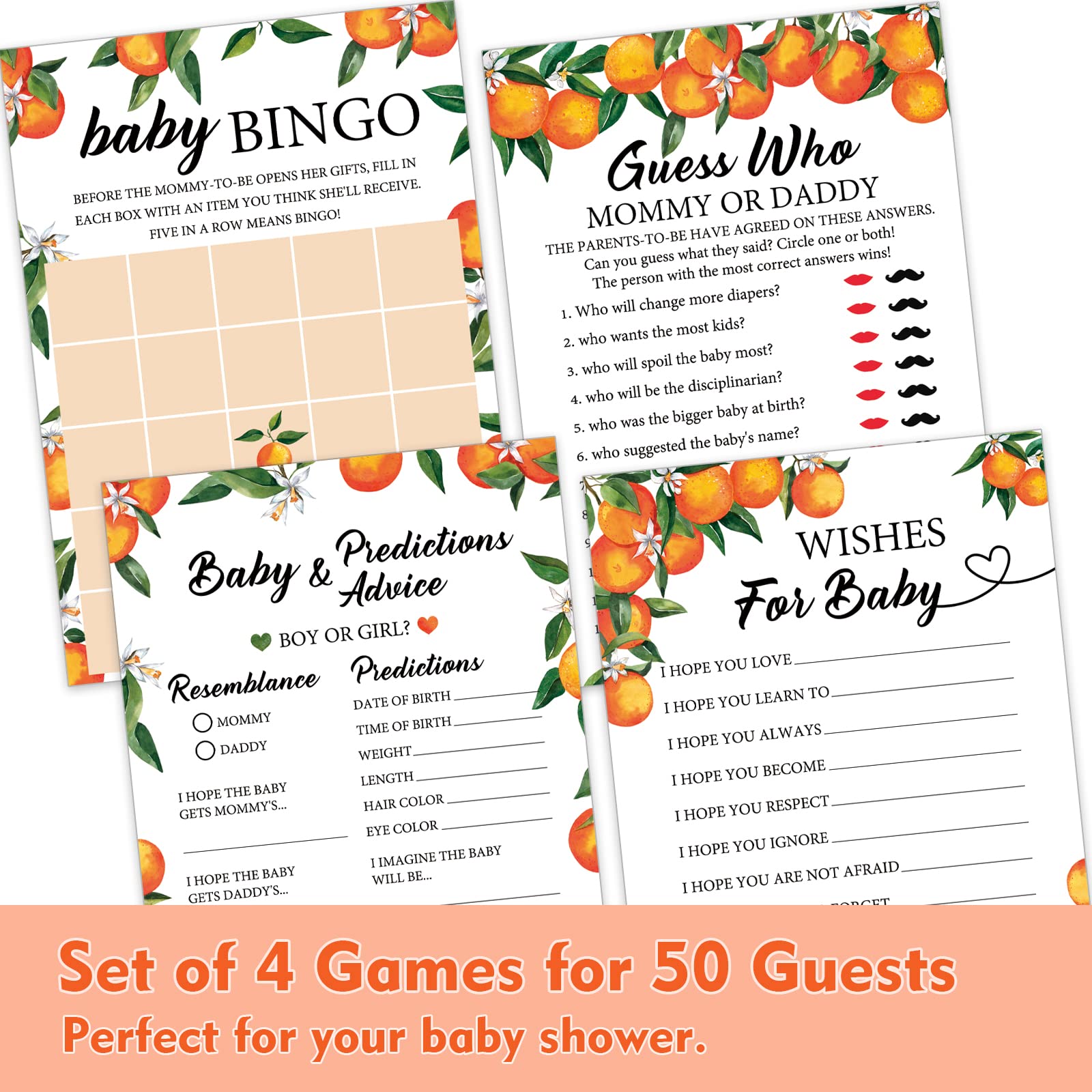 Little Cutie Orange Baby Shower Games, 4 Neutral Games, 50 Sheets Each, Fun Baby Shower Games Activities, Includes Bingo, Baby Prediction and Advice, Wishes for Baby, and Guess Who Mommy or Daddy