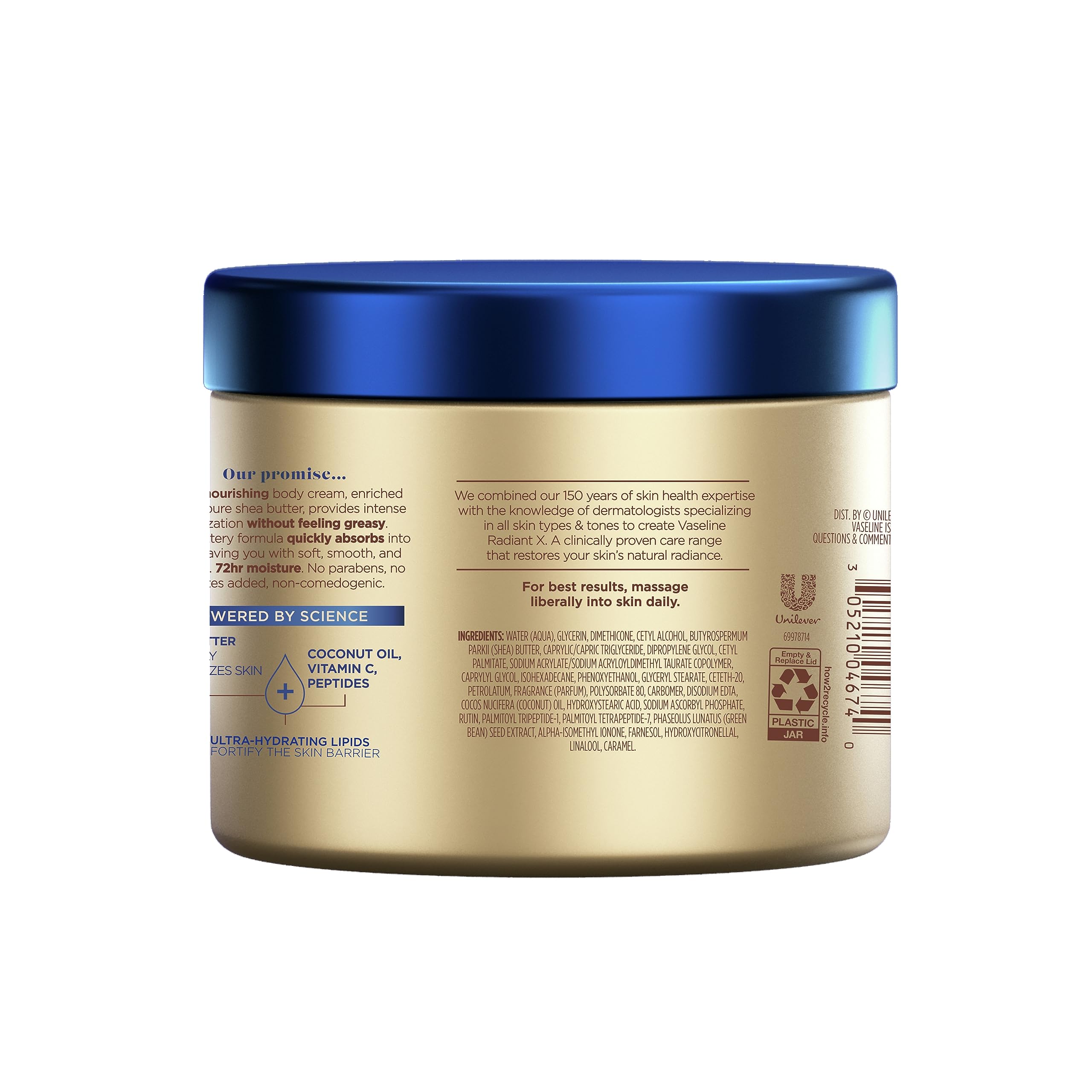 Vaseline Radiant X Deep Nourishment Body Cream 100% Pure Shea Butter, Coconut Oil, Vitamin C, & Peptides, 10 OZ