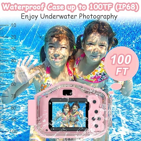 Kids Waterproof Camera for 3-12 Year Old Girls Christmas Birthday Gifts, HD Video Children Digital Cameras, Portable Toddler Toys for 3 4 5 6 7 8 9 Year Old, 2 Inch IPS Screen with 32GB Card (Pink)