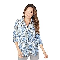 Foxcroft Women's Zoey Long Sleeve with Roll Tab Blue Botanical Blouse