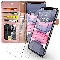 Arae iPhone 11 Premium PU Leather Flip Cover Wallet Case (Rose Gold) with 3 Pack Ultra-Thin HD Tempered Glass Screen Protectors, 6.1 inch