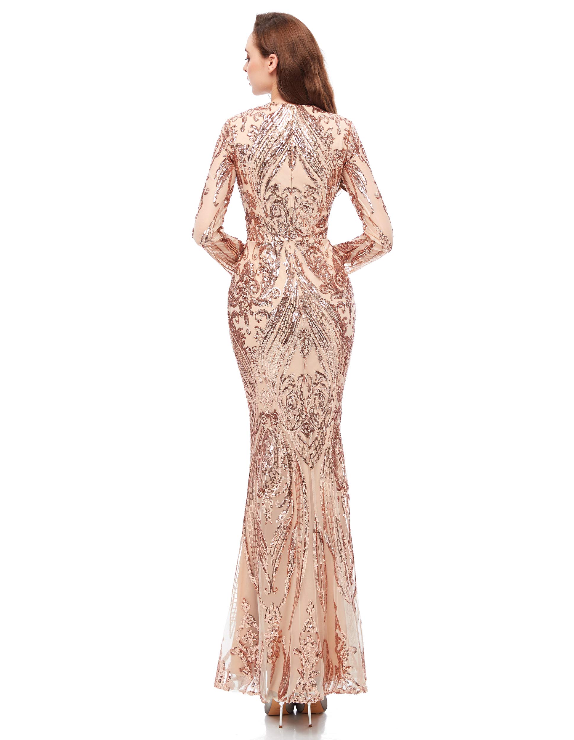 Ikerenwedding Women's Long Sleeves Detachable Sequins Mermaid Evening Dress