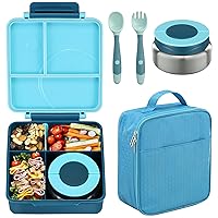 Bento Lunch Box Set for Kids with 8oz Soup Thermo, Leak-Proof Lunch Containers with 4 Compartment, Kids Thermo Hot Food Jar and Insulated Lunch Bag for Kids to School-Blue