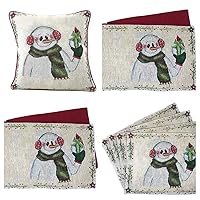 DaDa Bedding Holiday Table Linen Tapestry Bundle - Set of 8 Pieces Christmas Magical Snowman - 4 Placemats, 2 Table Runners, 2 Throw Pillow Covers (9733)
