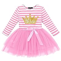 Baby Girls 1st/2nd/3rd Birthday Long Sleeve Princess Cake Smash Baptism Crown Tulle Party Dress Striped Outfit Tutu Gown
