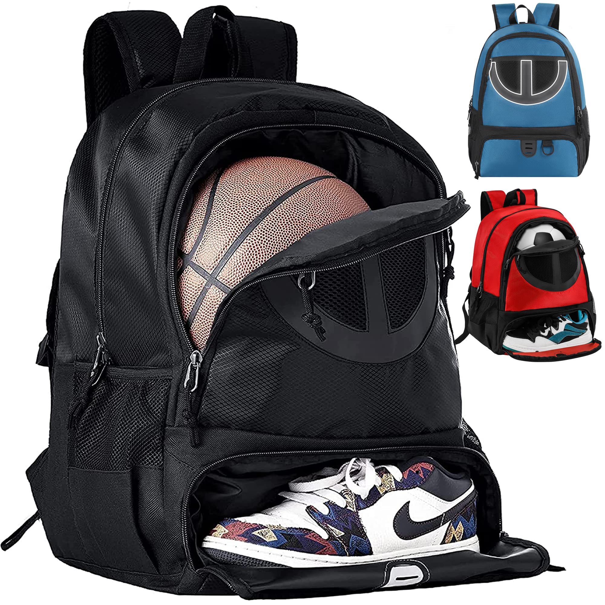 TRAILKICKER Mesh Black Basketball Soccer Bag Backpack Sports Volleyball Football Bag with Ball and Shoe Compartment for Boys Girls Man Women Ball Equipment Bag All Sports Venue