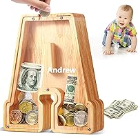 Wooden Piggy Bank for Kids,Personalized Alphabet A Letter Piggy Bank for Boys Girls,Kids Safe Bank,Piggy Bank Toy for Birthday Room Decoration