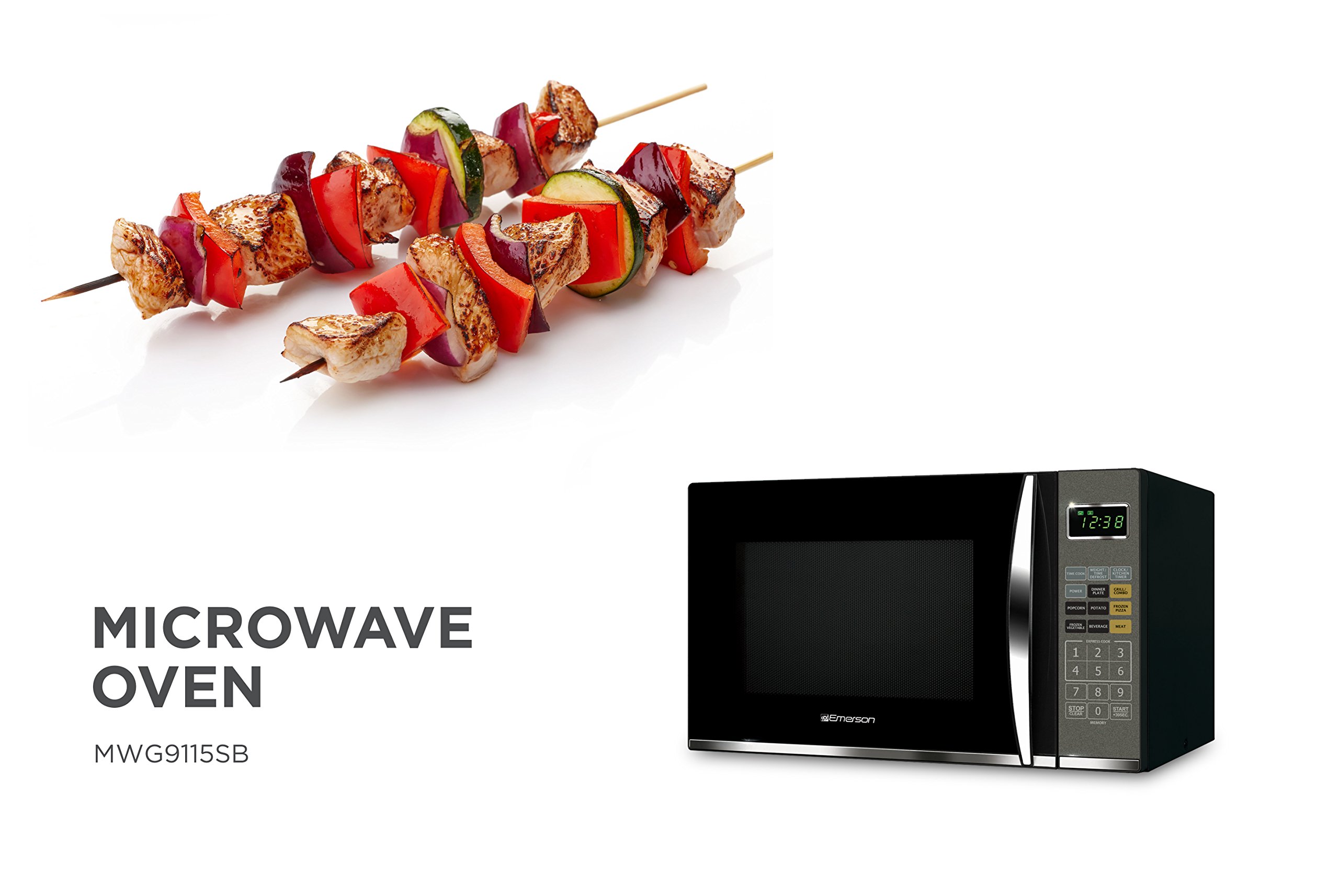 Emerson MWG9115SB-N Microwave Oven with Griller, Timer & LED Display 1100W, 11 Power Levels, 9 Pre-Programmed Settings, Removable Glass Turntable with Child Save Lock, 1.2 Cu. Ft, Stainless Steel