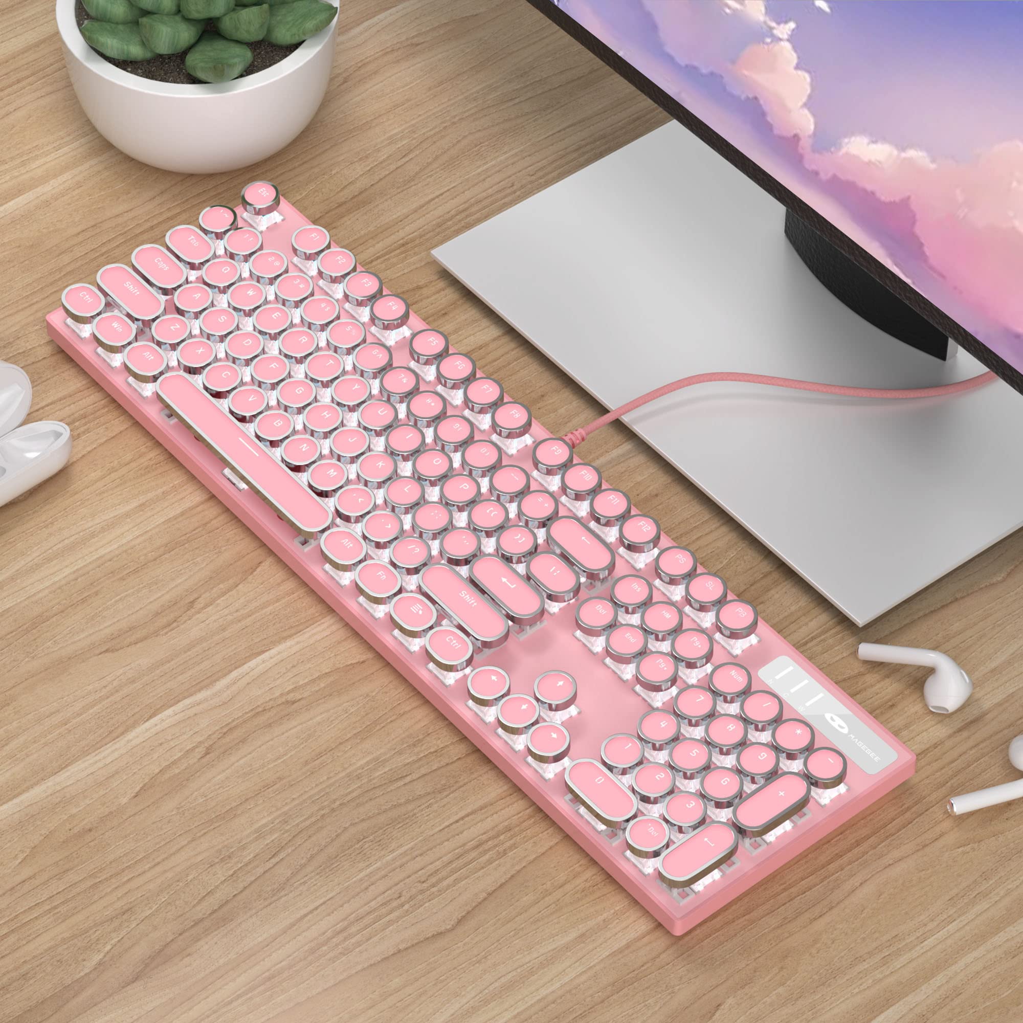 Typewriter Mechanical Gaming Keyboard and Mouse Combo, Retro Punk Round Keycaps White LED Backlit USB Wired Computer Keyboard for Game and Office, for Windows Laptop PC, Red Switches(Pink)
